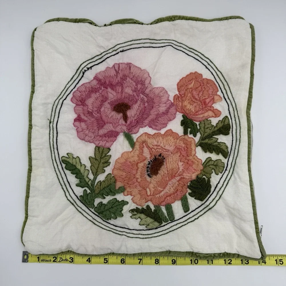 Vrg 80s Current Completed Embroidery Pillow Case Floral Poppies 16x16 Grannycore